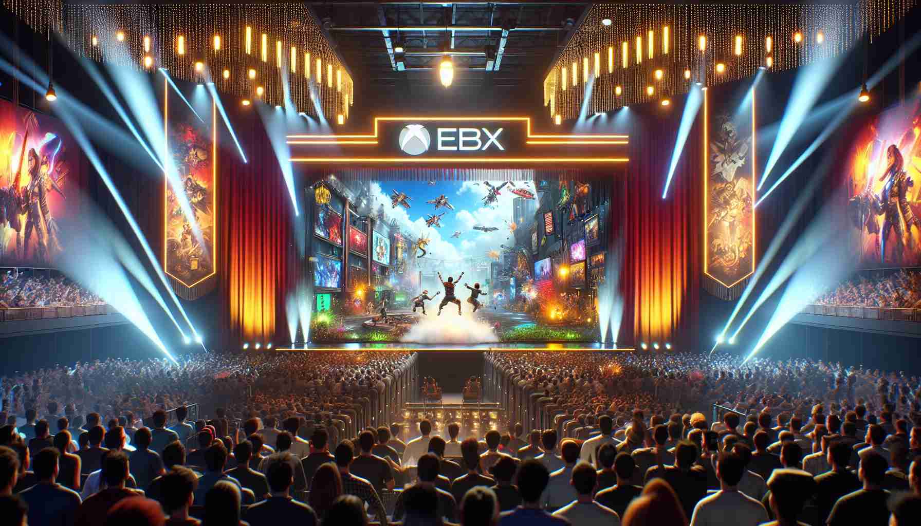 High-definition image of a thrilling and energetic gaming event being revealed by a popular digital video game storefront. The image captures the excitement in the air as the curtains are pulled back to reveal the grand spectacle on stage, which is adorned with bright lights, large screens displaying game scenes, and decorations that echo the themes of different video games. Eager spectators fill every corner of the scene, their faces lit up with anticipation. Please note that this is a generic event and does not depict any specific real individuals or copyrighted characters.