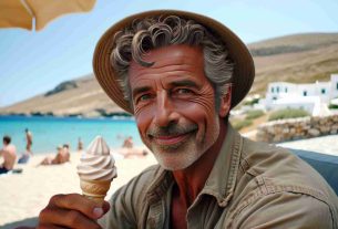 An image of a middle-aged Caucasian man with short, curly hair enjoying the summer in Antiparos, a Greek island. The man possesses a friendly demeanor similar to beloved movie characters. He's casually dressed in a comfortable shirt and shorts, with a wide-brimmed hat to protect from the sun. He's seen holding an ice cream cone, with the backdrop of a magnificent beach. The man's features include deep-set hazel eyes and a slightly wrinkled, sun-tanned face, indicative of his enjoyment of the outdoors.