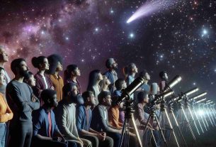 Render a hyperrealistic high-definition image of a group of star enthusiasts engrossed in observing a rare celestial body. The group is diverse, comprised of men and women from different descents such as Caucasian, Hispanic, Black, Middle-Eastern, and South Asian. They are all equipped with telescopes and the night sky is lit up with the majestic spectacle of the visitor – a comet streaking across the starlit sky, creating a dazzling light show of colors in its wake.