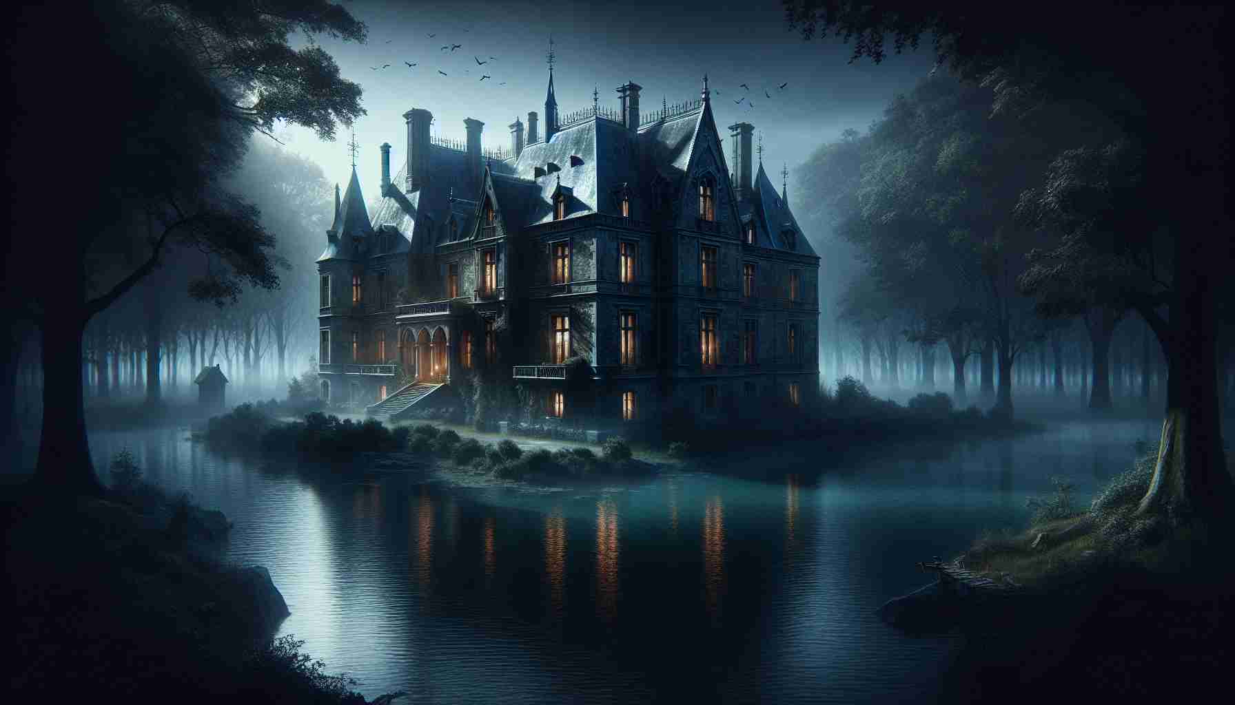 Create a highly detailed and realistic image depicting a mysterious manor situated by a lake. The scene should highlight the haunting atmosphere, accentuated by dim moonlight casting long and ominous shadows. The manor's antiquated architecture subtly hints at its centuries-old existence. There are faintly lit windows, possibly suggesting faint life within. The serene lake is partially covered by an early morning mist, adding to the sense of enigma. The overall scene should evoke suspense and intrigue, typical of haunting tales and mysteries.