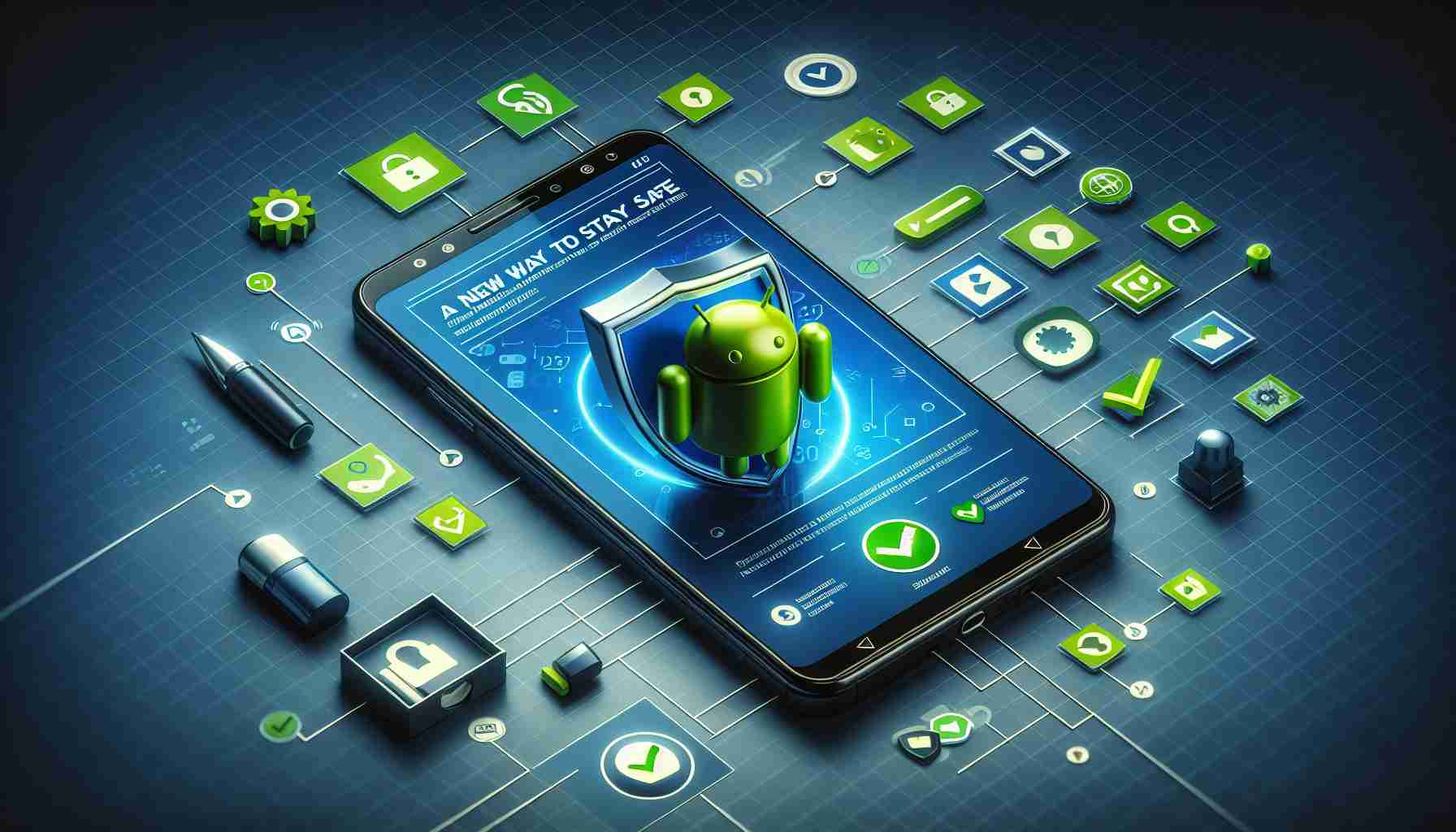 Create a detailed, high-definition image representing 'A New Way to Stay Safe on Android Devices'. The image should include a modern Android smartphone with the latest software updates, icon indicating a firewall or antivirus application is running, and visual cues suggesting enhanced security, such as Padlock icons, green checkmarks or shields. Don't forget to add a neat and clean interface displaying the security app in action.