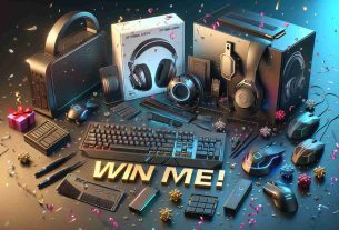 High resolution, realistic image of an exciting technology giveaway. The valuable bundle should depict advanced peripheral devices, including items like a state-of-the-art keyboard, a modern gaming mouse, a high-performance external memory drive, and a high-quality gaming headset. All devices should be neatly arranged with a decorations such as confetti or party streamers, celebrating the an opportunity to win these spectacular items. A bold 'Win me!' text, adding to the excitement, is to be included in the scene.