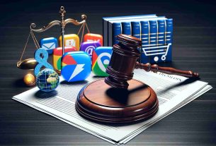 A high-definition, realistic image depicting the concept of a landmark court decision that forces a prominent internet search company to allow third-party app stores on its digital distribution service. The image could include legal documents, a digital store icon, and third-party app symbols to symbolize this event.