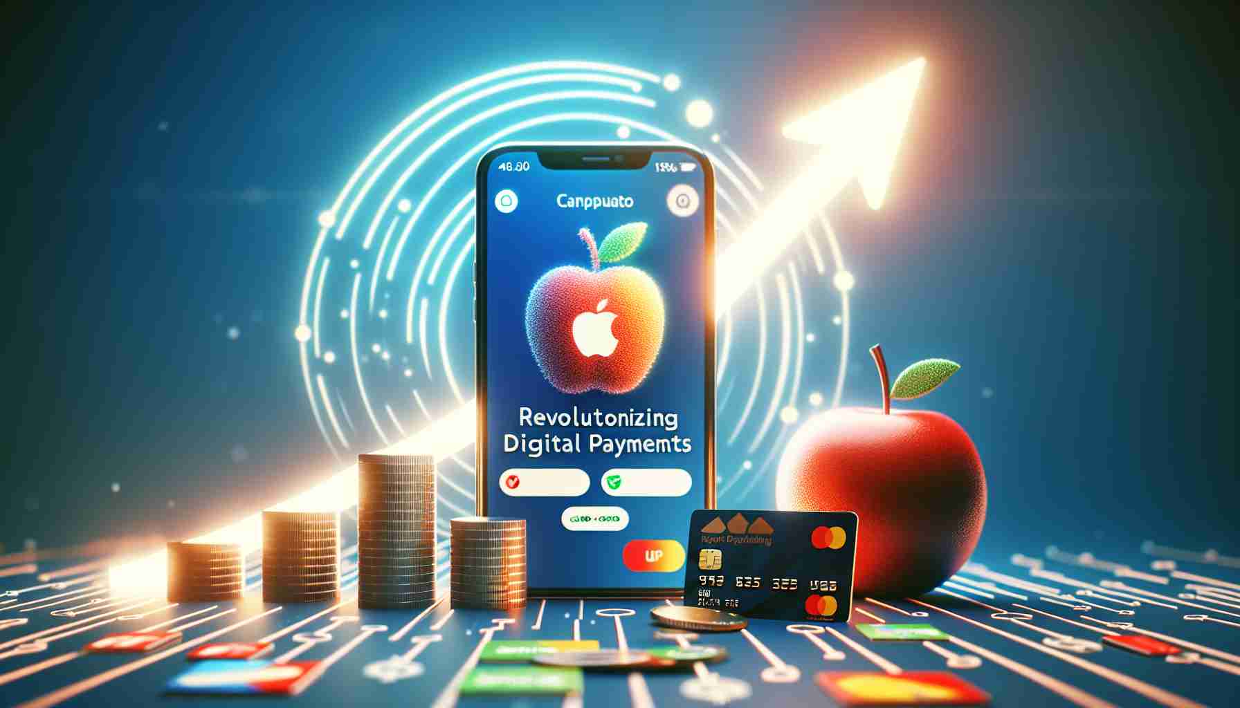 An illustrative HD image displaying the theme of 'Revolutionizing Digital Payments'. It shows a modern smartphone with a generic digital wallet application open - the app is characterized with a fruit logo, not specifically Apple's, and various card options displayed. The scene should convey growth, innovation, and convenience in the tech industry. Also visualize an abstract upward curve denoting 'the rise' in the background.