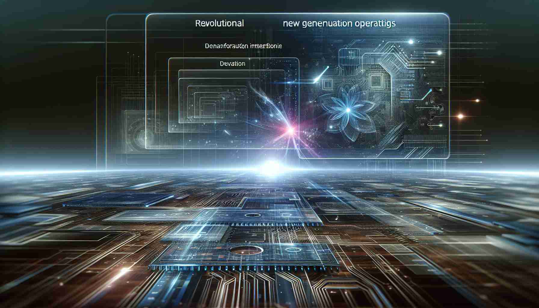 Generate a high definition, realistic image depicting a revolutionary new generation operating system that is transforming the technology industry. The scene should illustrate the advanced interface and futuristic design elements that highlight innovation and progress. The background should contain elements of technology such as microchips, circuit patterns, or lines of code to further emphasize the concept of a tech revolution.