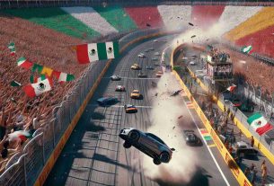 High-definition photorealistic depiction of an unexpected twist during a car racing event, similar to a Grand Prix, in a context that represents Mexico, complete with colorful decorations, cheering crowds and the exhilarating, fast-paced atmosphere of a racing track.