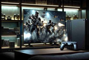 A high-definition, photorealistic image of a modern, highly successful military-themed video game being played on a contemporary gaming console. The game screen should show an intense, gripping sequence from the game, with a detailed and immersive gameplay environment that reflects the game's popularity and state-of-the-art graphics. The gaming console should be sleek and black, symbolizing its advanced technology and high performance. The room around it should be dimly lit, with the glow from the television illuminating shelves filled with other games and gaming paraphernalia, creating an atmosphere of focused gaming passion.