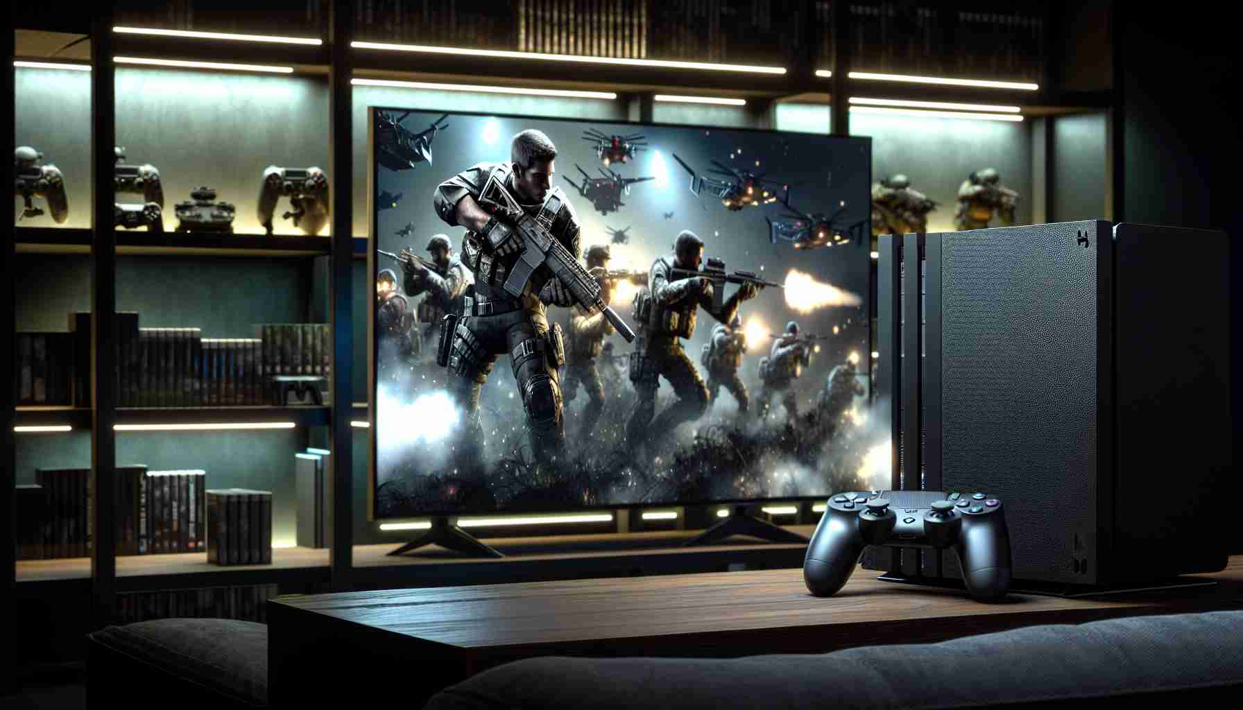 A high-definition, photorealistic image of a modern, highly successful military-themed video game being played on a contemporary gaming console. The game screen should show an intense, gripping sequence from the game, with a detailed and immersive gameplay environment that reflects the game's popularity and state-of-the-art graphics. The gaming console should be sleek and black, symbolizing its advanced technology and high performance. The room around it should be dimly lit, with the glow from the television illuminating shelves filled with other games and gaming paraphernalia, creating an atmosphere of focused gaming passion.