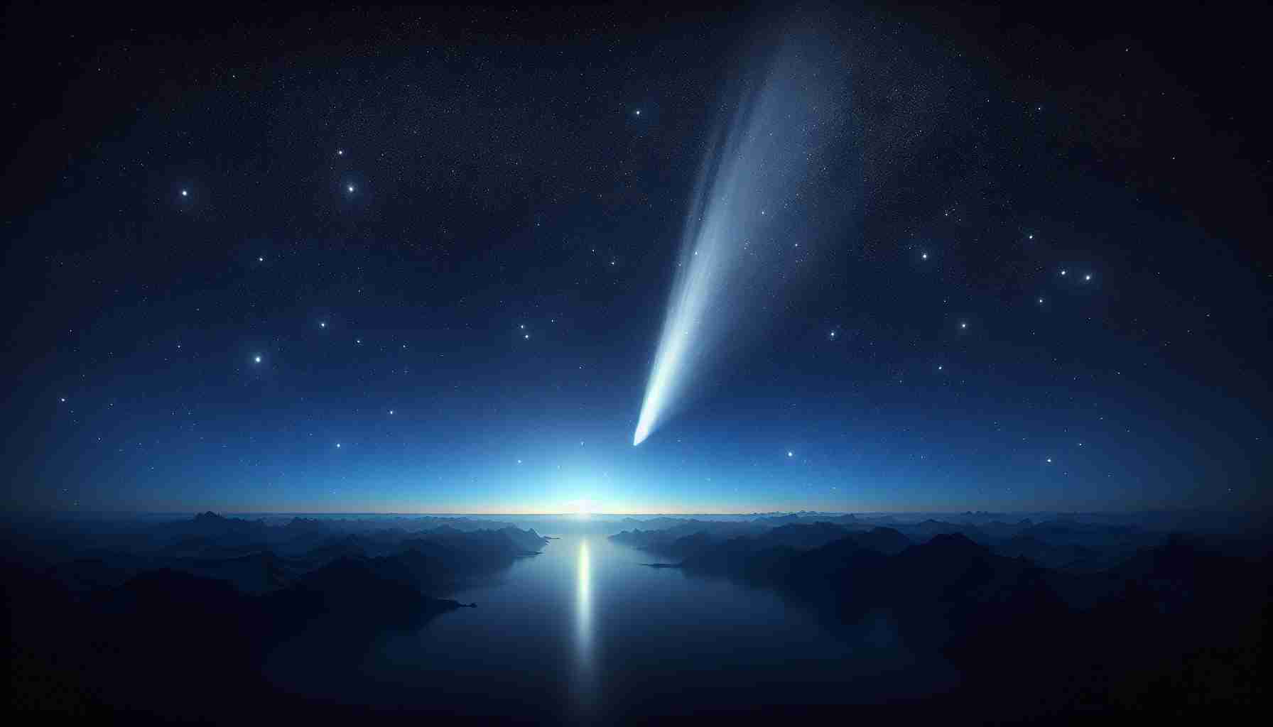 Generate a realistic, high definition image of a breathtaking phenomenon in the night sky: the luminous path of Comet C/2024 A3 making a spectacular display. Show the comet's radiant white tail streaking across the deep, vast expanse of dark blue sky, studded with countless bright stars. With the celestial beauty caught in its peak moment, let's also depict quiet charm of the earthly landscape beneath, reflecting the interstellar spectacle with its serene beauty.