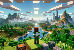 Generate a high-resolution, realistic depiction of exploring a vast, infinite world filled with diverse terrains and structures, reminiscent of a block-based game similar to Minecraft. The scene includes a lone adventurer with short red hair and green clothing, standing on a hill looking out across forests, mountains, rivers, and distant castles made of various types of blocks. The sky is filled with rectangular clouds and the sun is square, mimicking the pixelated aesthetic of a sandbox block game. In the foreground are examples of typical game resources like wood, stone, coal and a variety of colorful blocks.